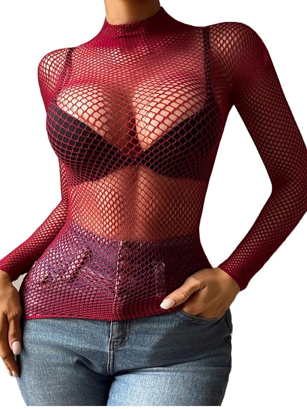Avidlove Red Fishnet Mesh Top Long Sleeve Sheer Sexy One Size